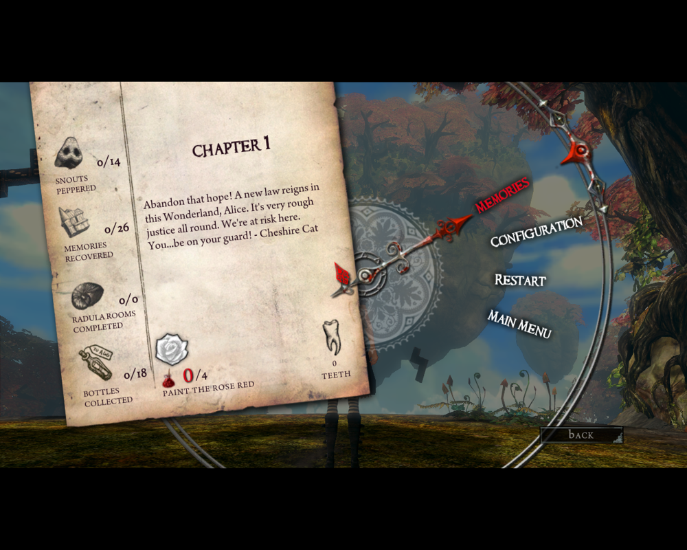 Alice: Madness Returns (Windows) screenshot: Pause menu will tell you everything you need to know