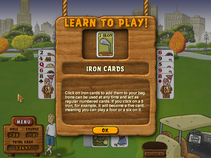 Fairway Solitaire (Windows) screenshot: Learning about iron cards.