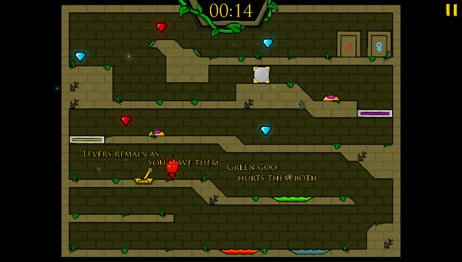 The Forest Temple (Browser) screenshot: Watergirl killed by green goo. When either character dies the level restarts