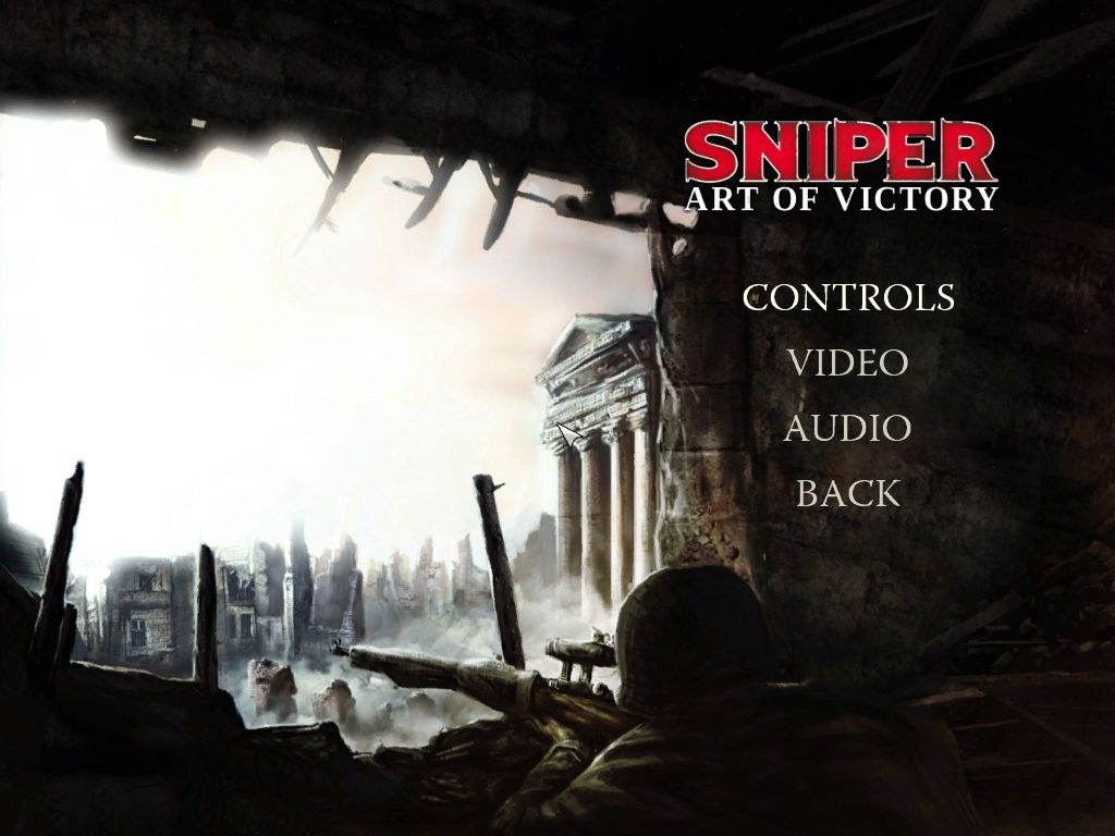 Sniper: Art of Victory (Windows) screenshot: The Options link from the main menu is how the player customises the game's audio, video, and action keys