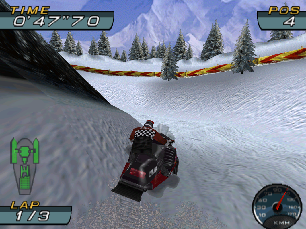 Sno-Cross Championship Racing (Windows) screenshot: Championship : Aspen starts in a town and then goes out into the country