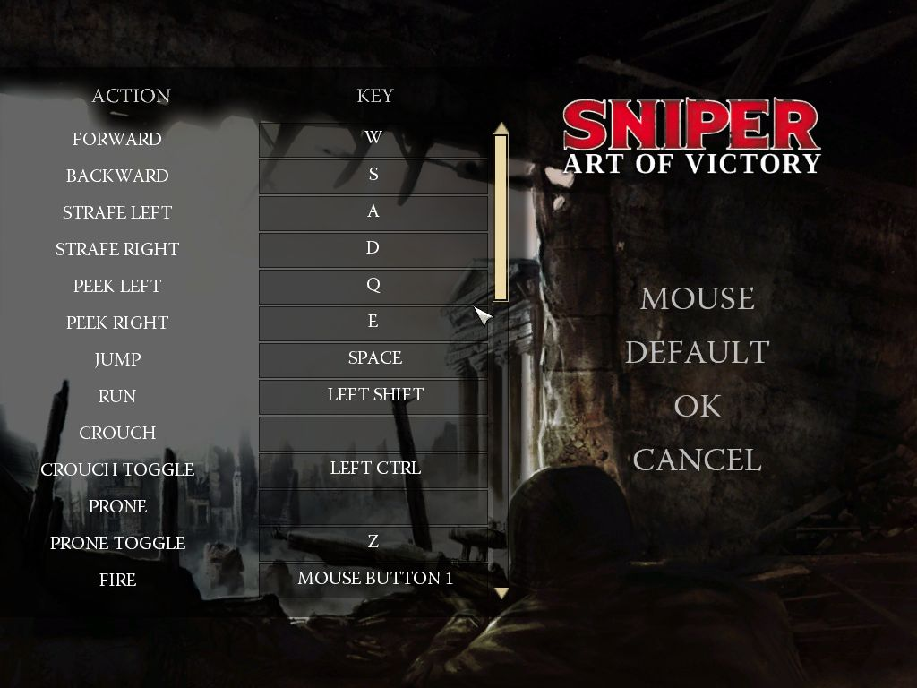 Sniper: Art of Victory (Windows) screenshot: The game is largely action key driven with the mouse only used to scroll through weapons, zoom in on the sniper scope, and fire the weapon