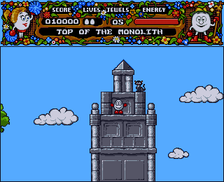 Magicland Dizzy (Amiga) screenshot: Top of the monolith.
