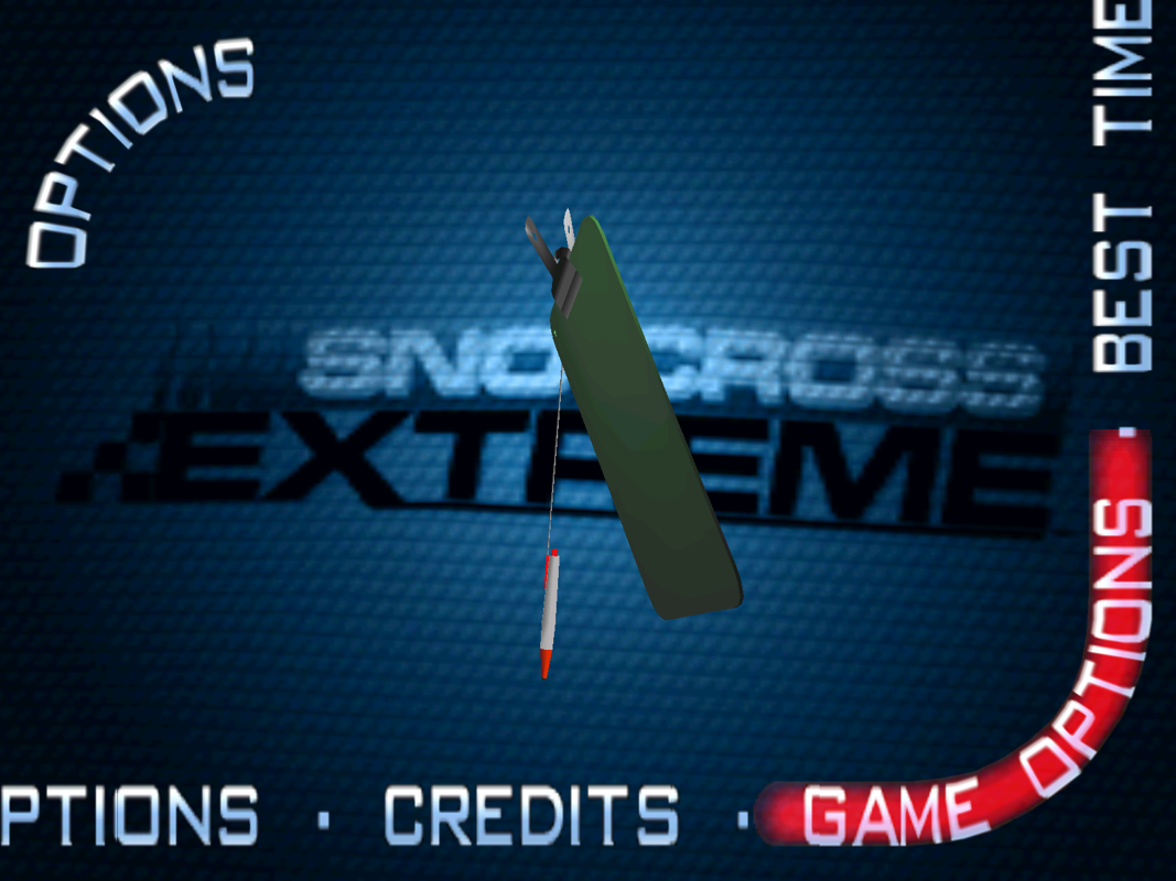 Sno-Cross Championship Racing (Windows) screenshot: The Game Options sub-menu allows the player to access Credits, Best Times, and Sound. Screen resolution is established when the game loads for the first time.