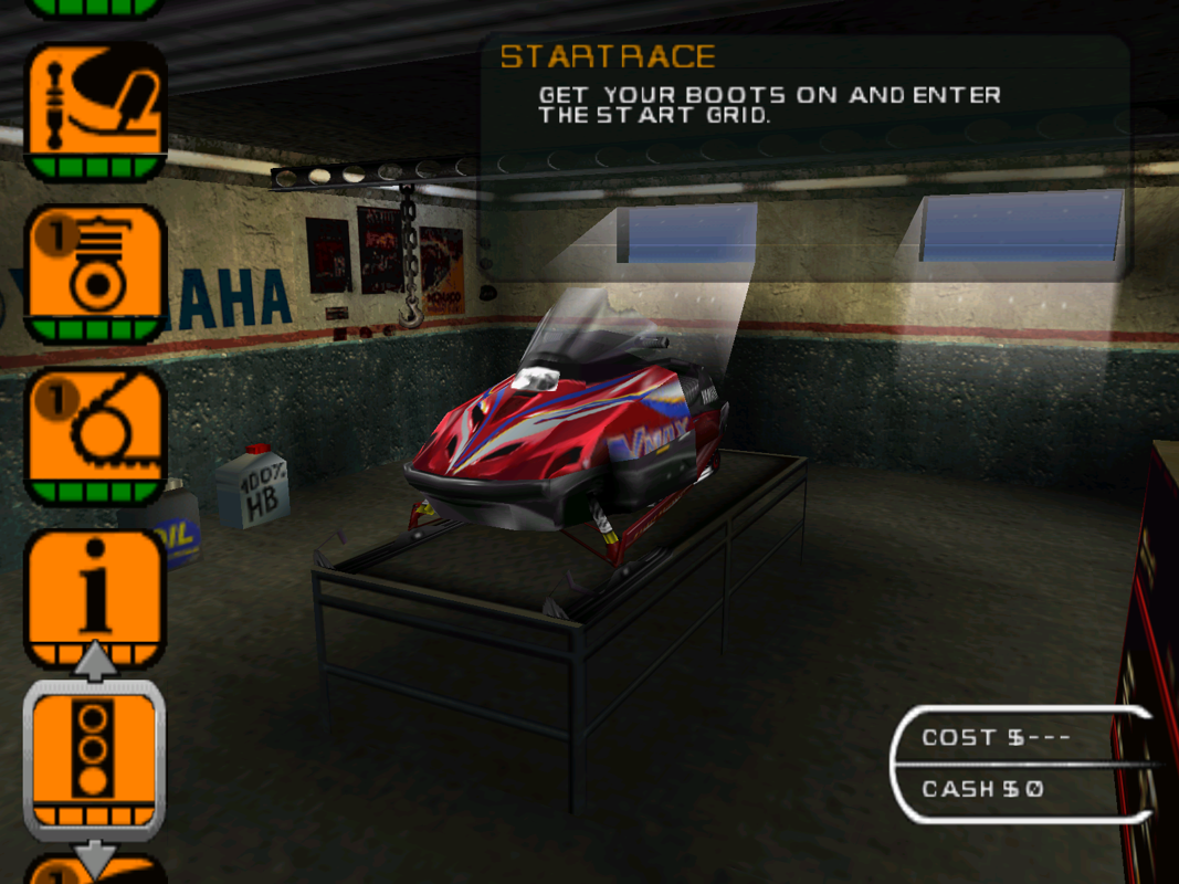 Sno-Cross Championship Racing (Windows) screenshot: Championship : The Next step is sled customisation. The new player has no money. After each race the player is returned here with their winnings so they can upgrade their sled