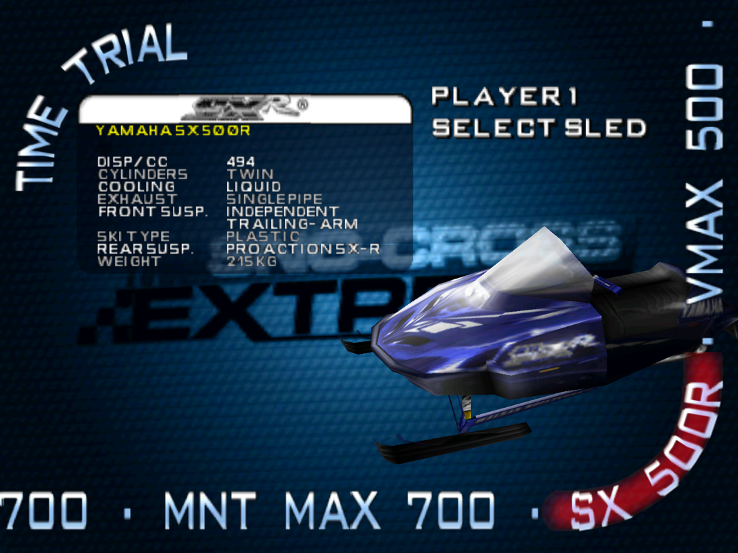 Sno-Cross Championship Racing (Windows) screenshot: Time Trial : This is one of the sleds that's available. All sleds rotate while they are on screen.