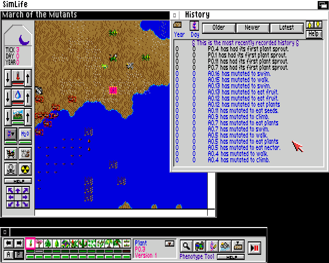 SimLife (Amiga) screenshot: Checking "History" to see what's happening (OCS/ECS)