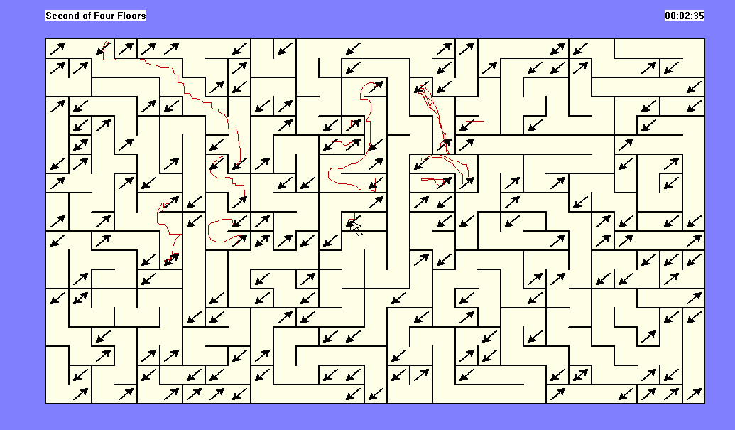 Mazemaker (Windows 3.x) screenshot: There are some rooms, like the one that's being pointed to in this screen shot, that have only one arrow in so they are effectively dead ends
