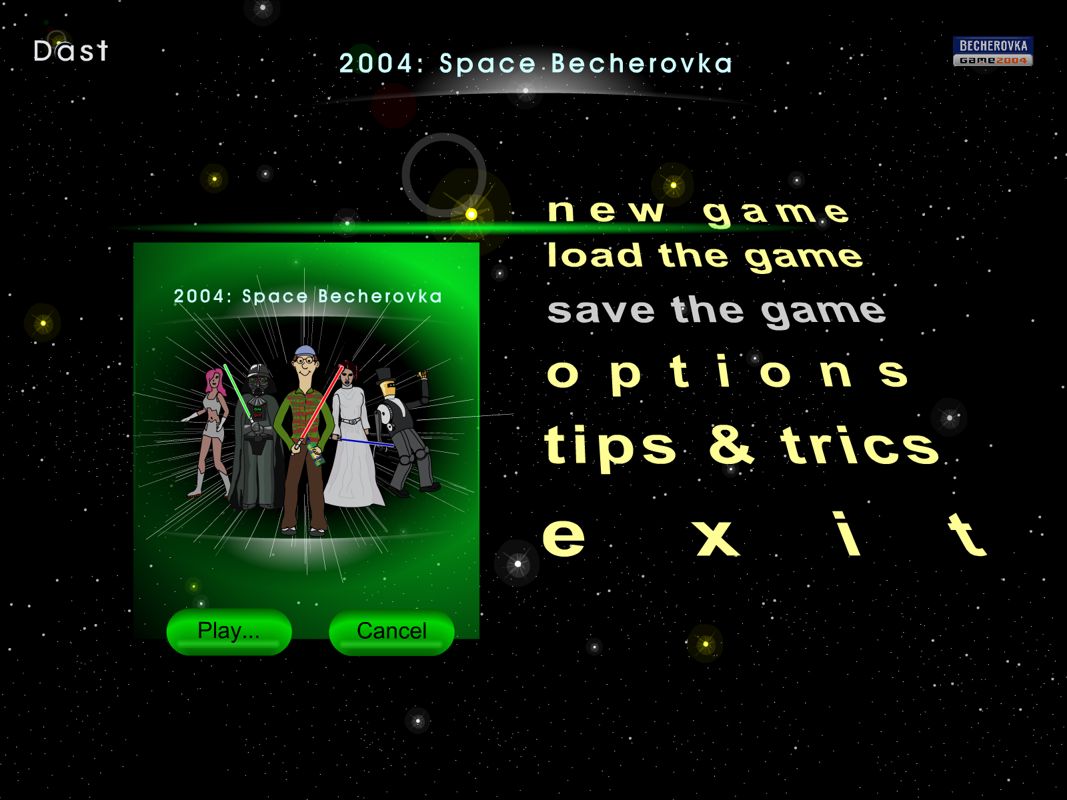 2004: Space Becherovka (Windows) screenshot: The game's main menu. When an option on the right is selected a pane opens on the left. This is the 'New Game' option