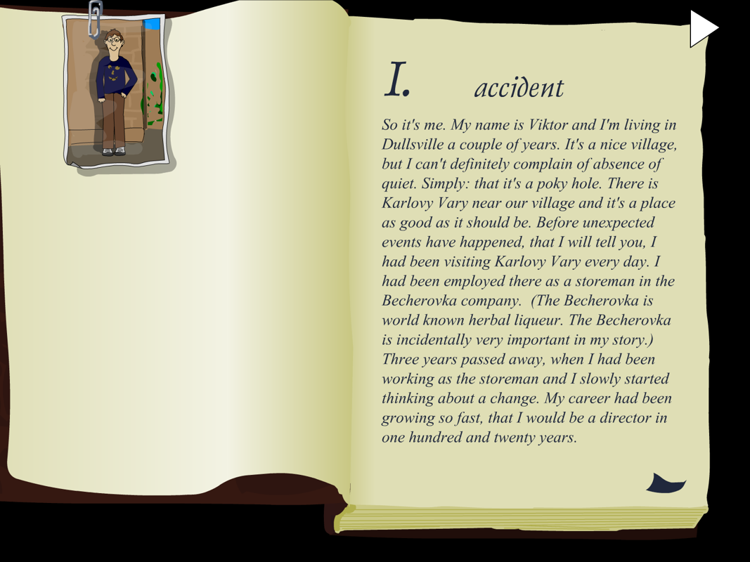 2004: Space Becherovka (Windows) screenshot: The game starts with a story book that sets the scene. This reappears at the start of each 'Chapter' of the game