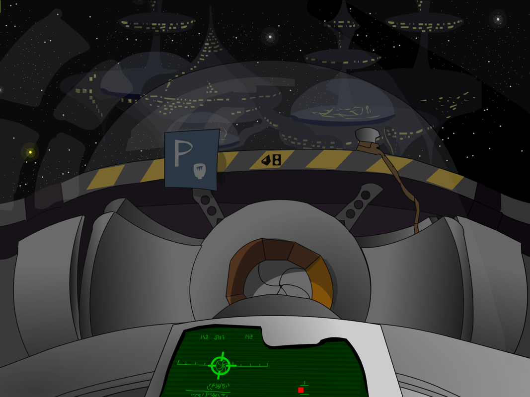 2004: Space Becherovka (Windows) screenshot: The player has to steer the ship into the dock. I cannot decide whether steering actually made any difference or whether this was all part of the fun