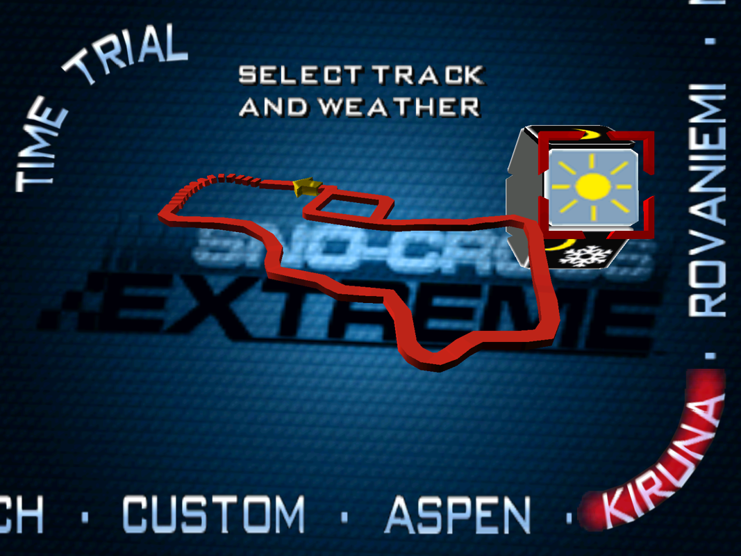 Sno-Cross Championship Racing (Windows) screenshot: Time trial : Track selection. The left/right arrows change the track. The up/down arrows change the weather. Not all tracks or weather conditions are available to the new player.