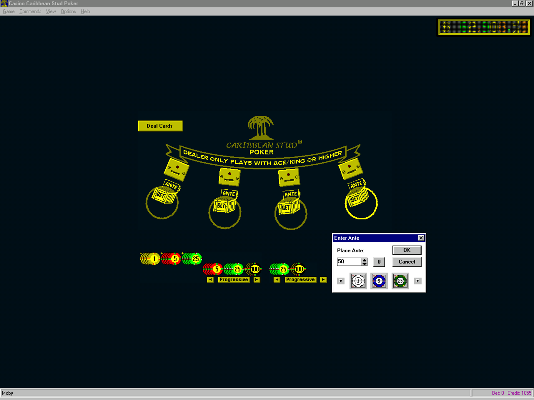 Caribbean Stud Poker (Windows 16-bit) screenshot: Here all bets have been placed. The cards have been dealt and the dealers top card is visible. The player has a pair of Kings and is using the mouse to select the 'Bet On Hand' option