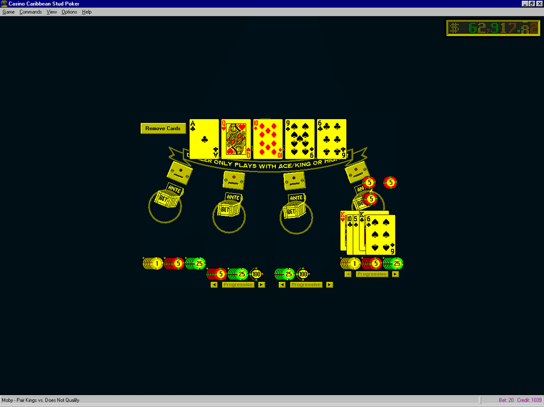 Caribbean Stud Poker (Windows 3.x) screenshot: The dealer did not have a qualifying hand. All those who folded would have won if they'd stayed in the game. Only player 1 wins