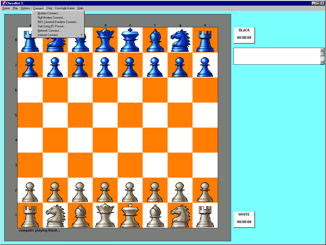 ChessNet 3 (Windows 3.x) screenshot: This drop down box shows the multiplicity of network connections supported
