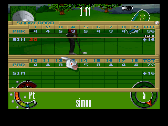 The Scottish Open: Virtual Golf (DOS) screenshot: The scorecard after the first hole. A mere 16 over par.
