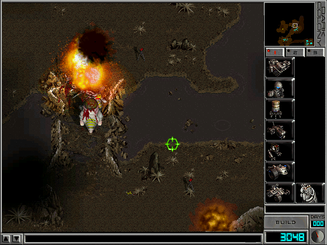 Dark Colony: The Council Wars (Windows) screenshot: Human vs. Alien artillery in the Kaldeira desert.