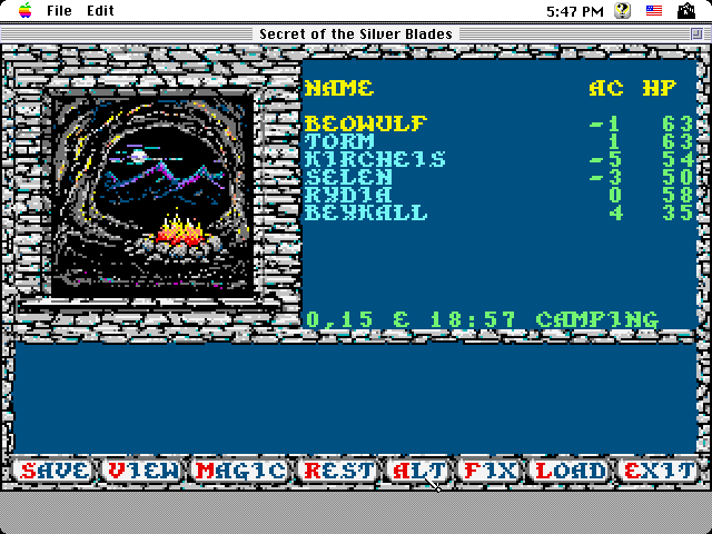 Secret of the Silver Blades (Macintosh) screenshot: Camp menu (color)