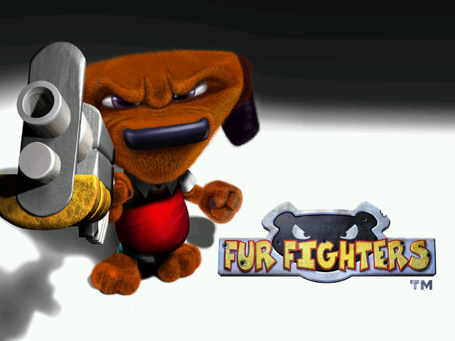 Fur Fighters (Windows) screenshot: The Opening Screen. This dog looks mean!