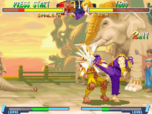 Street Fighter Alpha 2 (Windows) screenshot: When a strike hits home it really hits home.