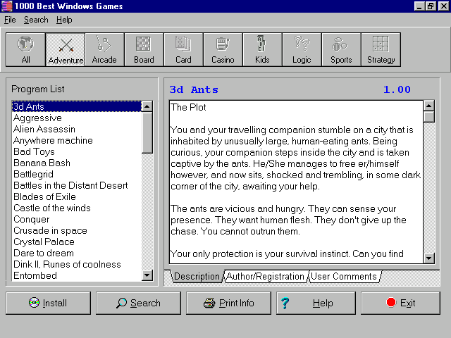 1000 Best Games for Windows (Windows 3.x) screenshot: This is the same menu with just the 'Adventure Games' icon selected. The description of the game shows in the main window