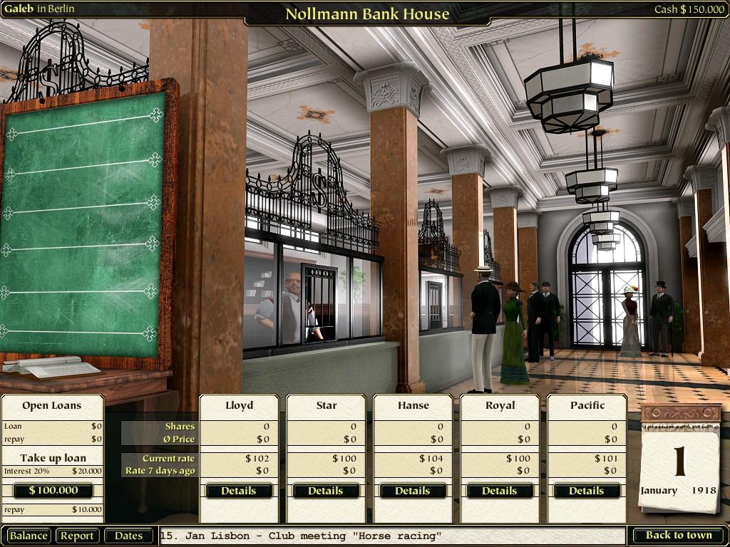 The Great Art Race (Windows) screenshot: Bank Screen Take out a loan or purchase stocks.