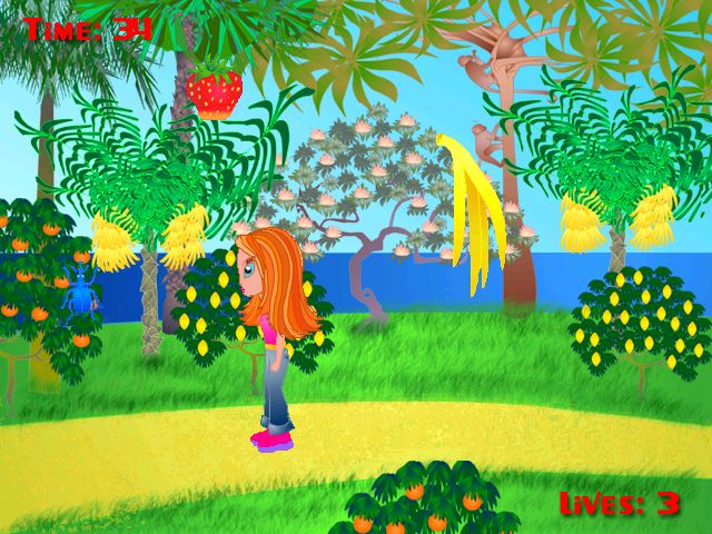 Cindy's Caribbean Holiday (Windows) screenshot: Bugs, like the blue one on the left, must be avoided. At the end of level 2 and at the end of the game, the player is given a score