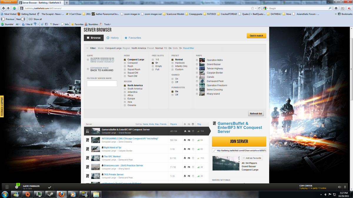 Battlefield 3 (Windows) screenshot: The Battlelog server browser