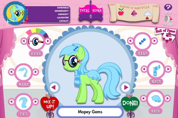 My Little Pony: Friendship is Magic - Adventures in Ponyville (Browser) screenshot: This is my character. Her dream is to discover and catalogue all the games and sports the ponies around Equestria have ever playedd.