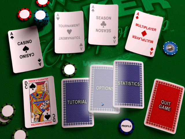 Chris Moneymaker's World Poker Championship (Windows) screenshot: Once a player has been created the player has access to the game menu where the options are indicated by playing cards