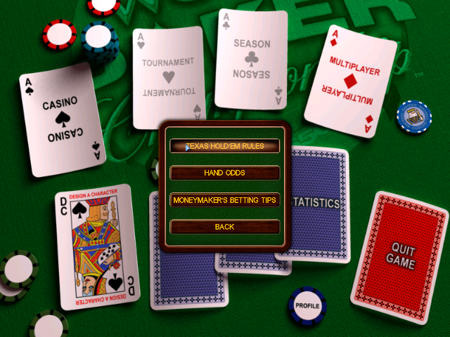 Chris Moneymaker's World Poker Championship (Windows) screenshot: The Game Tutorial option gives an audio explanation of the rules of Texas Hold'Em...