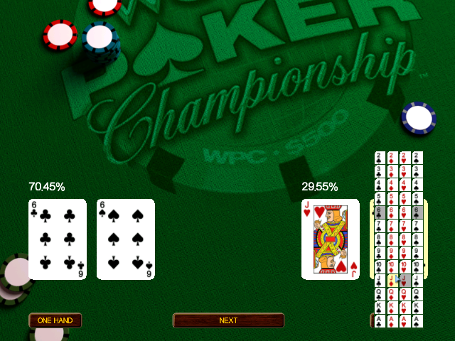 Chris Moneymaker's World Poker Championship (Windows) screenshot: There is also a tutorial which allows the player to see the odds of their potential hand beating another hand. Again cards in either hand can be changed