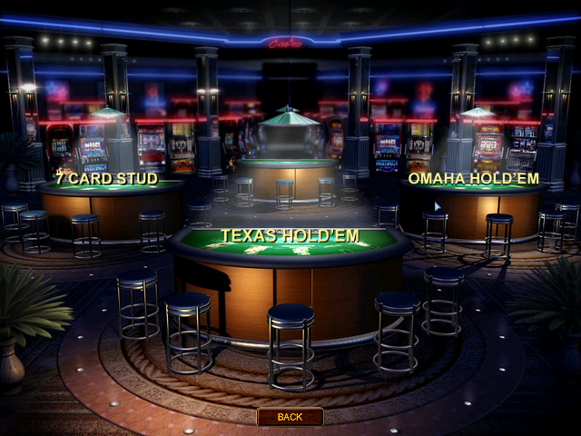 Chris Moneymaker's World Poker Championship (Windows) screenshot: Inside Madigan's there are three kinds of poker available. The same games are available inside other casino's too but the interior & exterior graphics are different