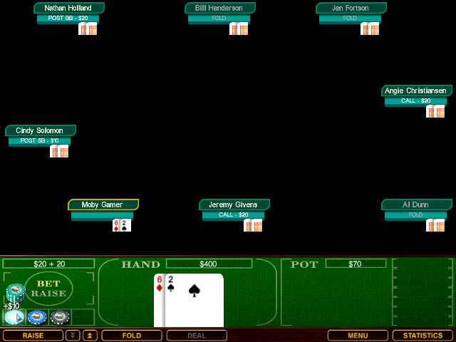 Chris Moneymaker's World Poker Championship (Windows) screenshot: Playing Texas Hold'Em. There is an audio announcement as each player folds, bets, raises, checks etc.