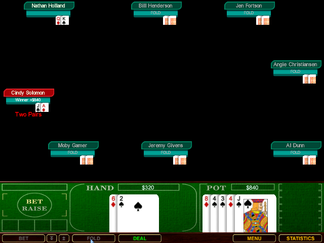 Chris Moneymaker's World Poker Championship (Windows) screenshot: When the player folds the hand is played out between the computer players at the same pace as a normal game. There's no 'fast forward-ing' to the next hand