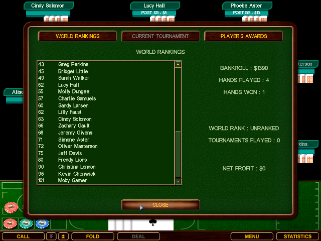 Chris Moneymaker's World Poker Championship (Windows) screenshot: Playing Omaha Poker and showing the stats that are maintained by the game. Moby Gamer is at the bottom of the rankings
