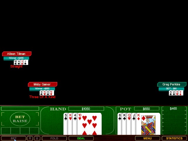 Chris Moneymaker's World Poker Championship (Windows) screenshot: Here I think the game got confused. Moby Gamer shares the win with a straight but the game shows the hand as three of a kind