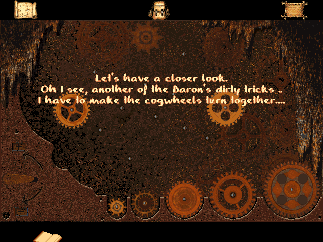 VooDoo Kid (Windows) screenshot: Another standard arrange-the-cogs-in-the-right-order type of puzzle. This is tougher than it looks and is at odds with the game's juvenile jokes