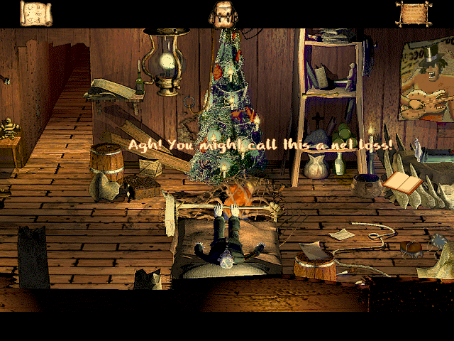 VooDoo Kid (Windows) screenshot: Caught in one of the Baron's traps. Cue awful joke. This cannot be good ....