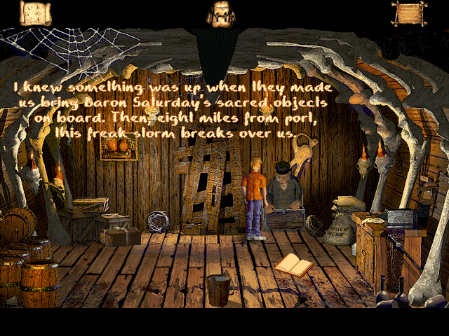 VooDoo Kid (Windows) screenshot: There are lots of crates, barrels and chests to examine. Many have humorous ghosts inside