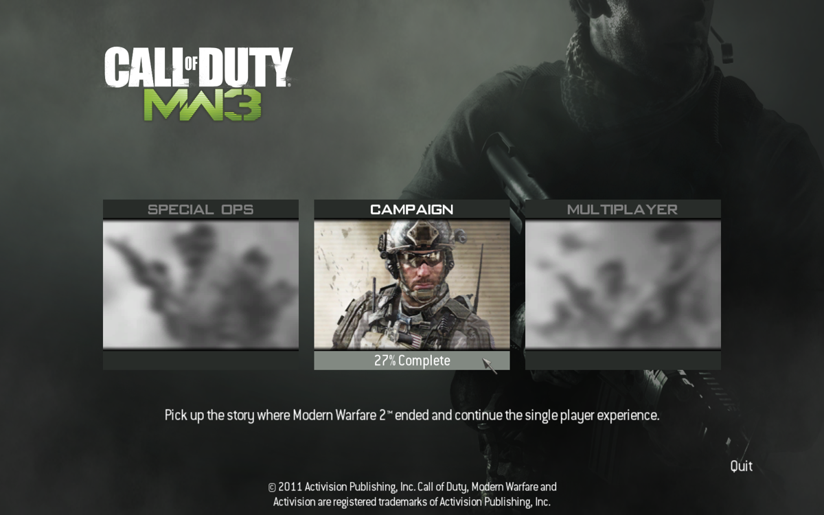 Call of Duty: MW3 (Windows) screenshot: Main menu (consists of Special Ops, Campaign and Multiplayer).