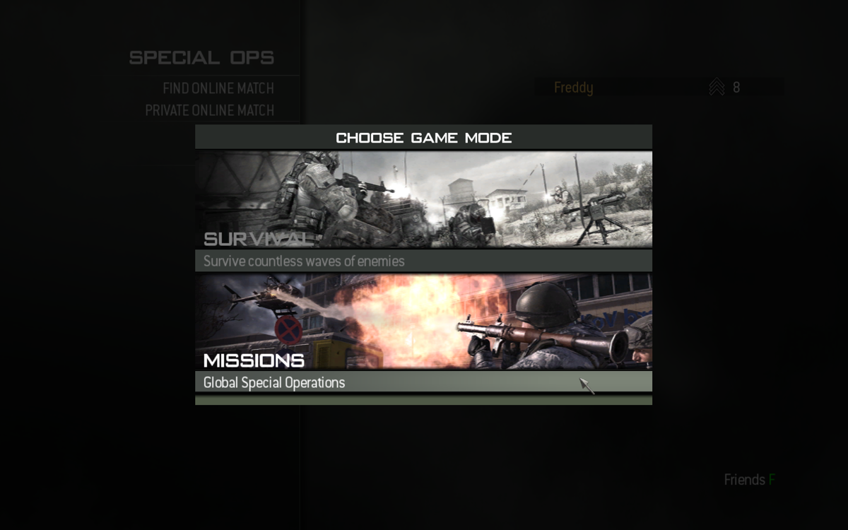 Call of Duty: MW3 (Windows) screenshot: Special Ops now consists of Missions and Survival game modes