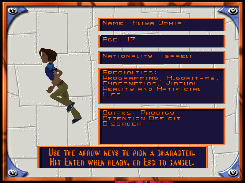 Dr. Brain: Action Reaction (Windows) screenshot: There are five characters to choose from. Each has skills and quirks. These do not seem to be relevant in the early levels