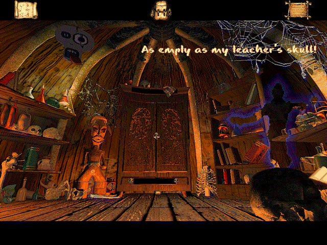 VooDoo Kid (Windows) screenshot: There are a few unkind references to teachers in this game. A bit rich from a kid that won't read a book