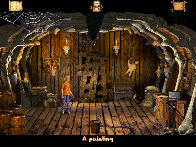 VooDoo Kid (Windows) screenshot: items that can be interacted with change the cursor to an animated hand. The icon at the top right opens the game menu, the top left is a tray where the player assembles pieces of the treasure map