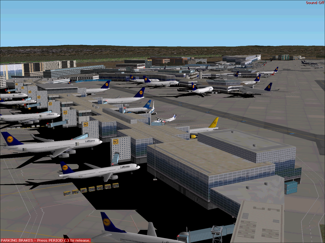 Dash 8-300 Professional (Windows) screenshot: An alternate view of Frankfurt airport which has 10 active locations