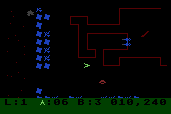 Survivor (Atari 8-bit) screenshot: Only one gun left on this base, but an alien approaches from below.