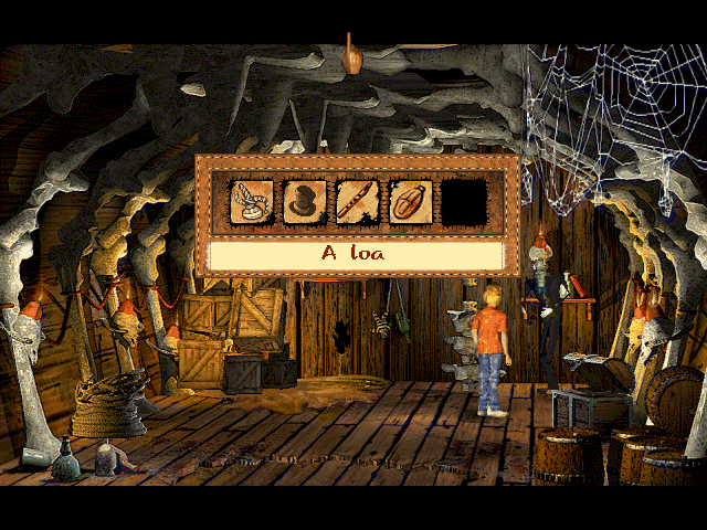 VooDoo Kid (Windows) screenshot: The central icon at the top of the screen brings up the player's inventory