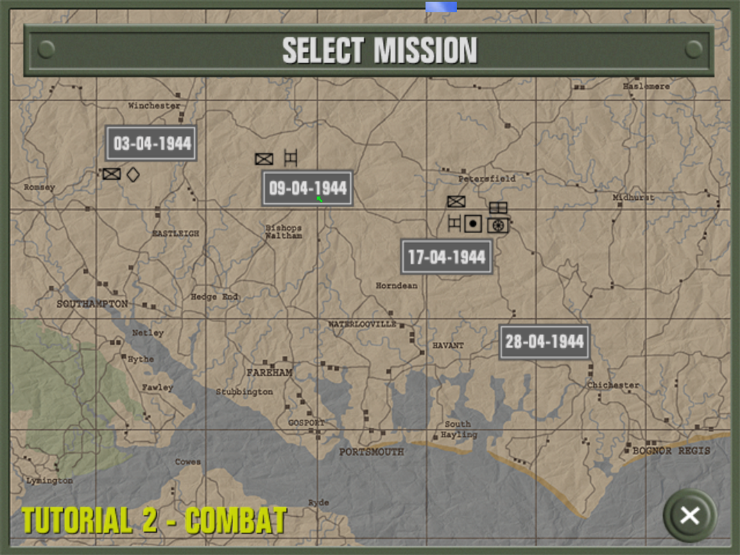 World War II: Frontline Command (Windows) screenshot: The Tutorials option from the main menu gives the player four exercises. Tutorial 1 teaches troop movement, 2 teaches Combat, 3 teaches Support and 4 teaches moving the camera around