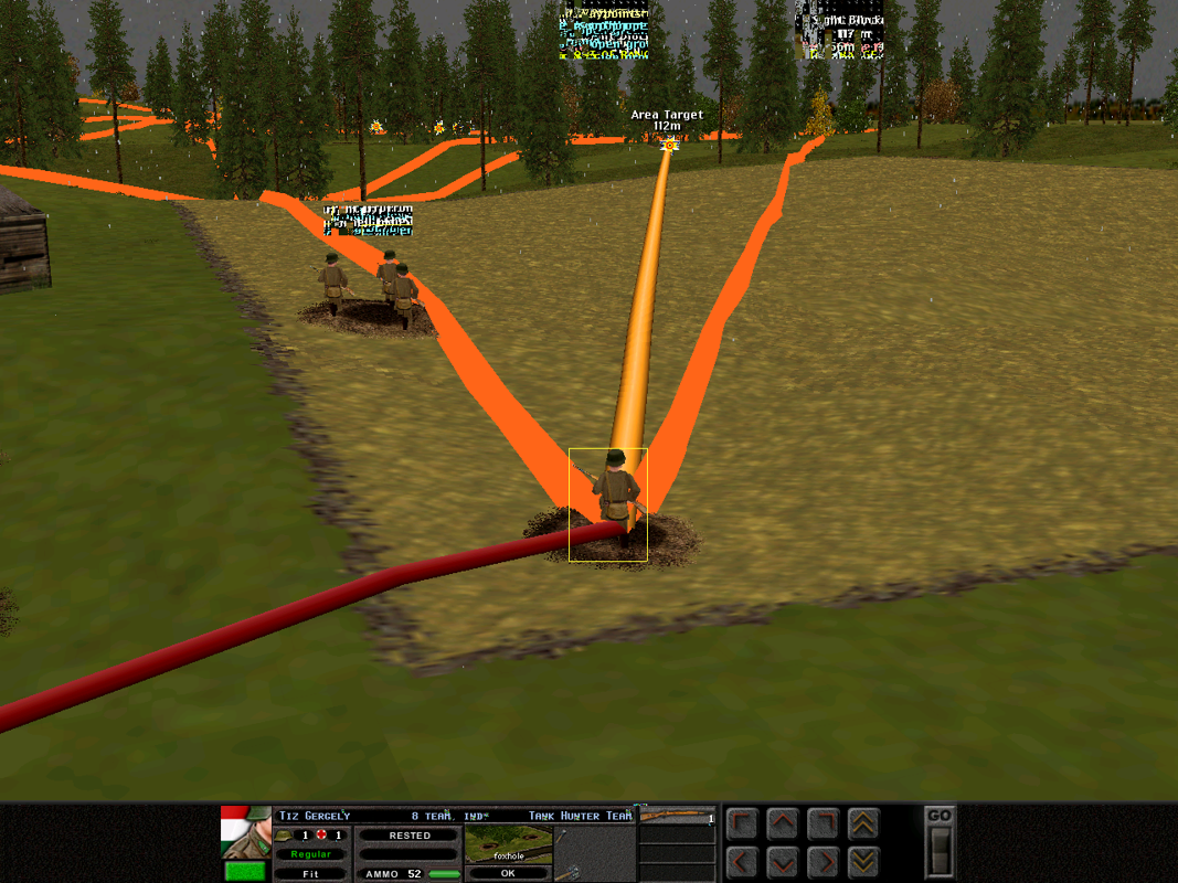 Combat Mission II: Barbarossa to Berlin (Windows) screenshot: The crafty Russians are using all available cover to advance. Since they cannot be seen the units have no target, however they can be ordered to cover an area of ground